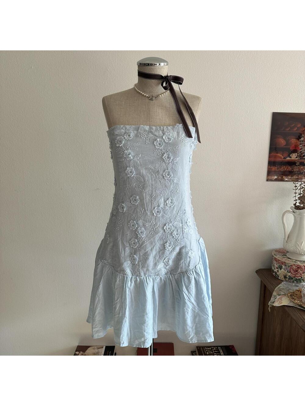 Princess Polly blue floral embroidered drop waist dress